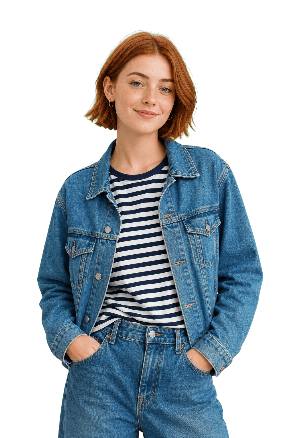 Çizgili tişört ve denim ceket giyen genç kadın